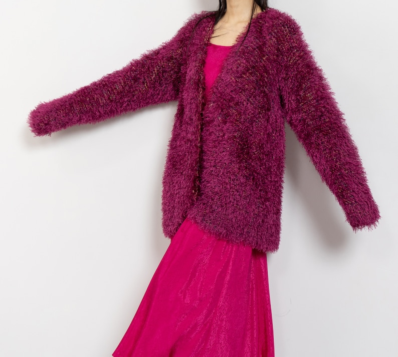 FUZZY PINK CARDIGAN Vintage Midi Long Bright Magenta Hairy Textured Sweater 90's Oversize / Medium Large image 8