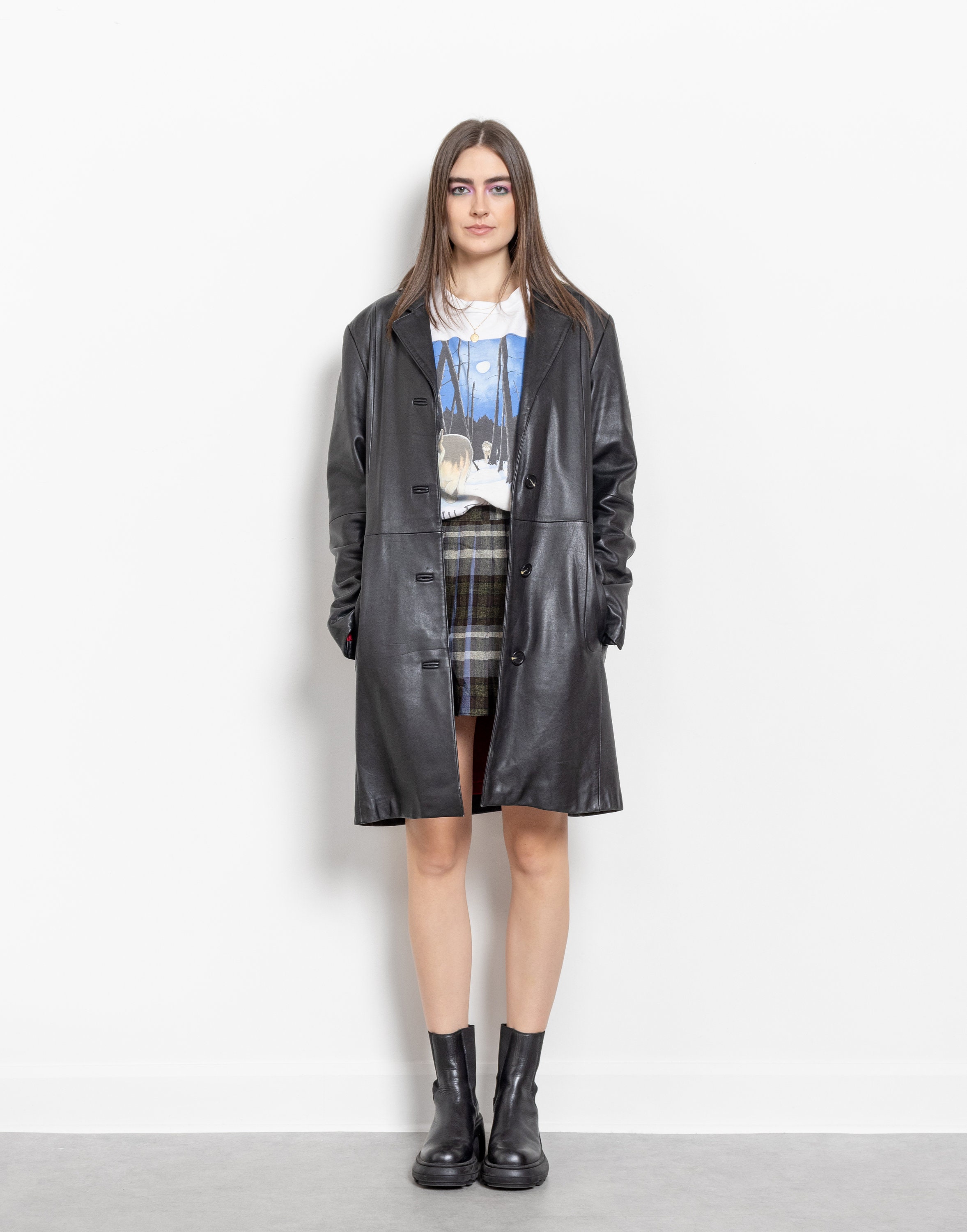 BLACK LEATHER TRENCH Vintage Midi Jacket Coat Blazer Woman 90's