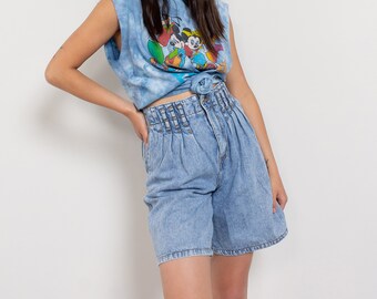 PLEATED DENIM SHORTS Vintage High Waist 