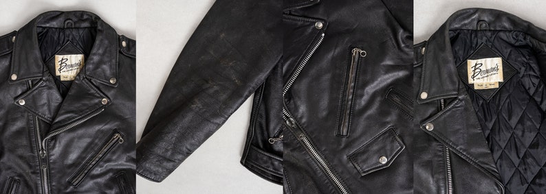 BLACK LEATHER MOTORCYCLE jacket vintage 90's menswear boxy cropped fit unisex / Medium Small image 3