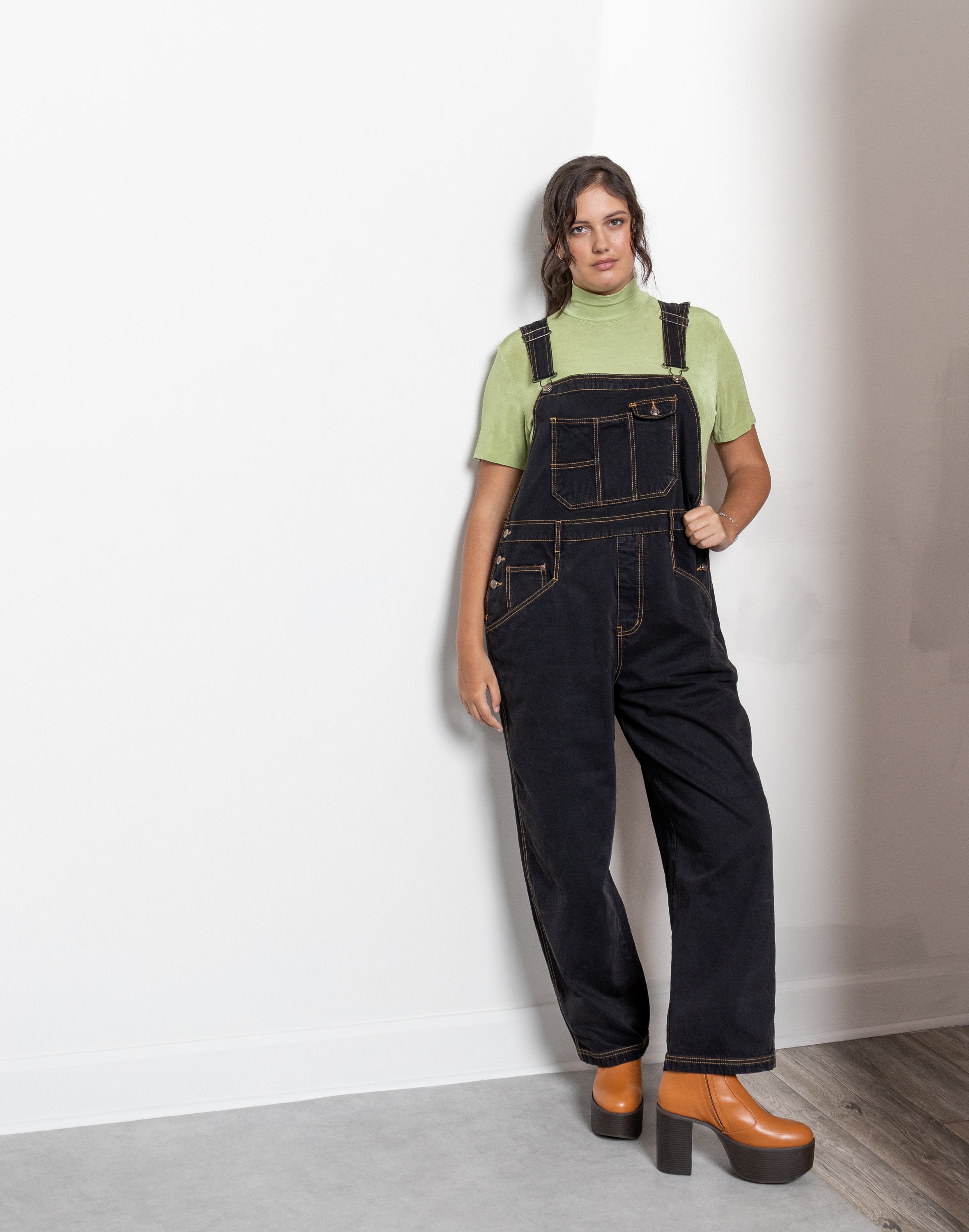 新品未使用✳︎Aclent Vintage wash wide salopette BLACK DENIM OVERALLS White Stitching Vintage Baggy Workwear