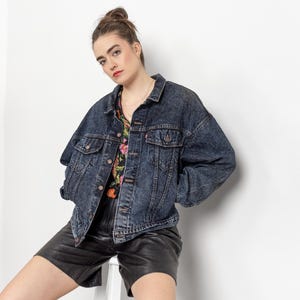 LEVI&#39;S DENIM JACKET Vintage Faded Dark Wash Blue Jean Cotton Trucker Boxy Oversize 90&#39;s / Large Extra Large
