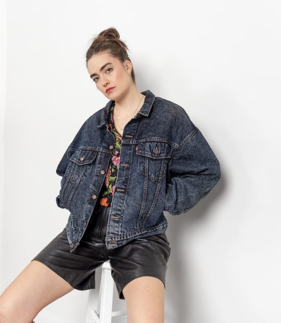 Vintage Levi's Denim Trucker Jacket, Faded Dark Wash, 90s Oversize