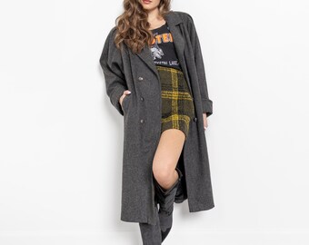 Vintage 90s Wool Trench Coat: Grey Double Breasted Oversized