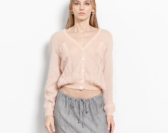 PINK FUZZY PEACH Mohair Jumper Sweater Loose Sheer Pink Cardigan Pockets / Medium