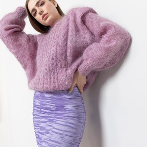 PINK FUZZY GRANNY Batwing Mohair Jumper Sweater Handmade Loose Weave Sheer Mauve / Medium image 8