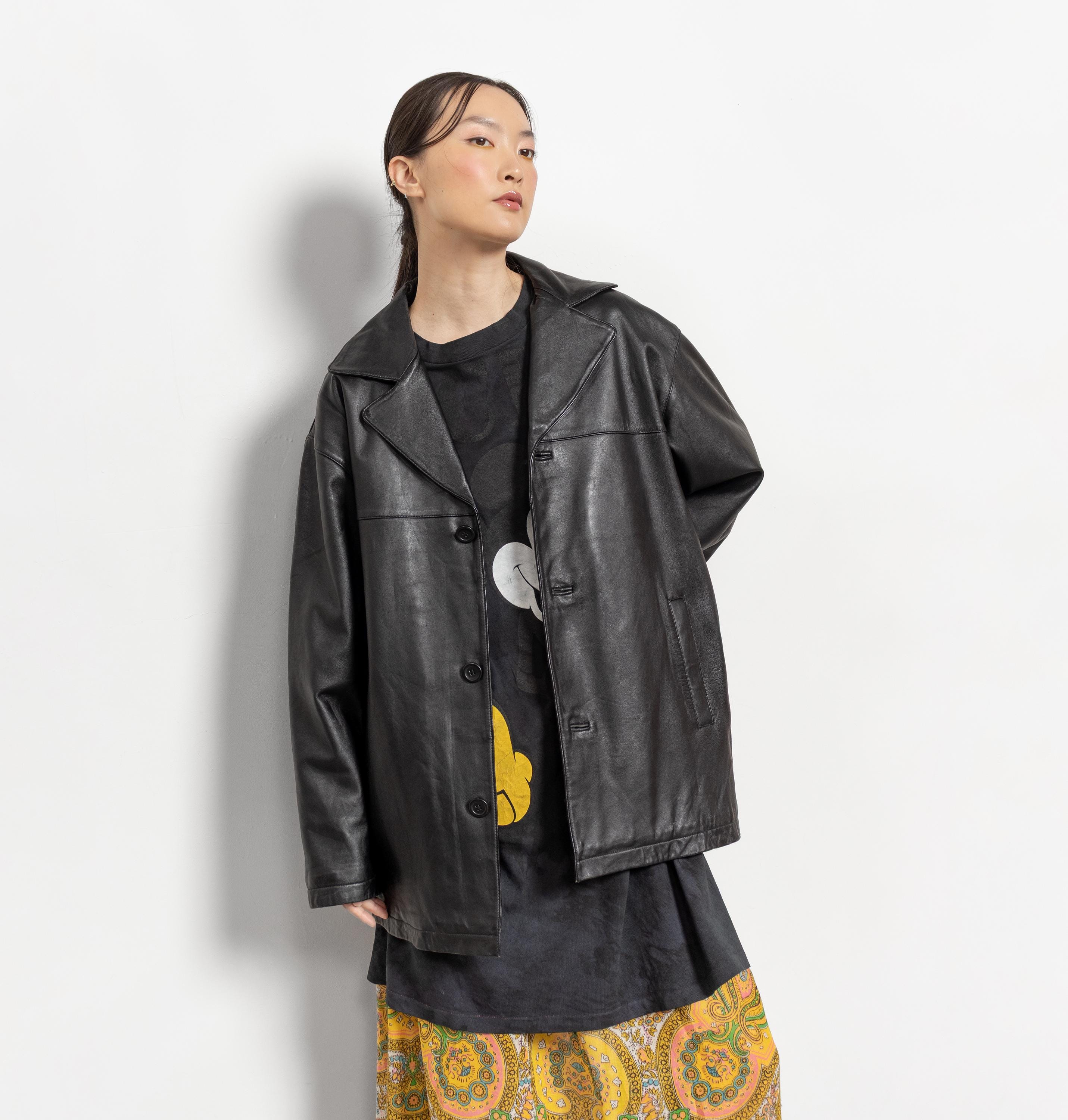 BLACK LEATHER TRENCH Midi Jacket Vintage Oversize Boxy / Medium
