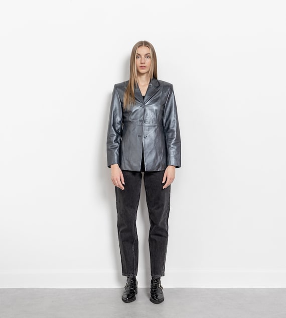 SILVER LEATHER BLAZER Vintage Jacket Coat Women Fall Spring 90's / Small Xs