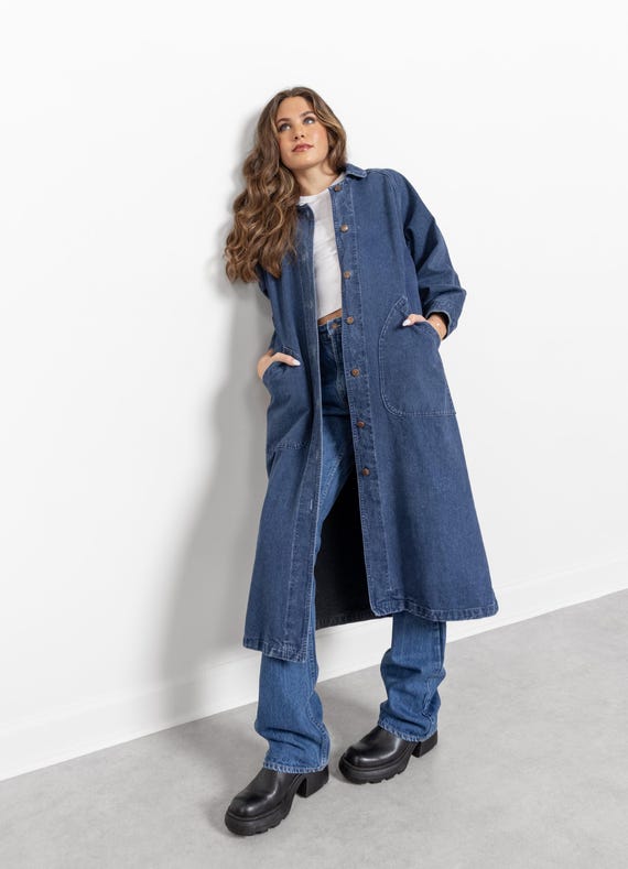 【即完】 Ameri VINTAGE DENIM WORK LONG COAT Vintage Long Jean Jacket Office Lady Loose Fit Double