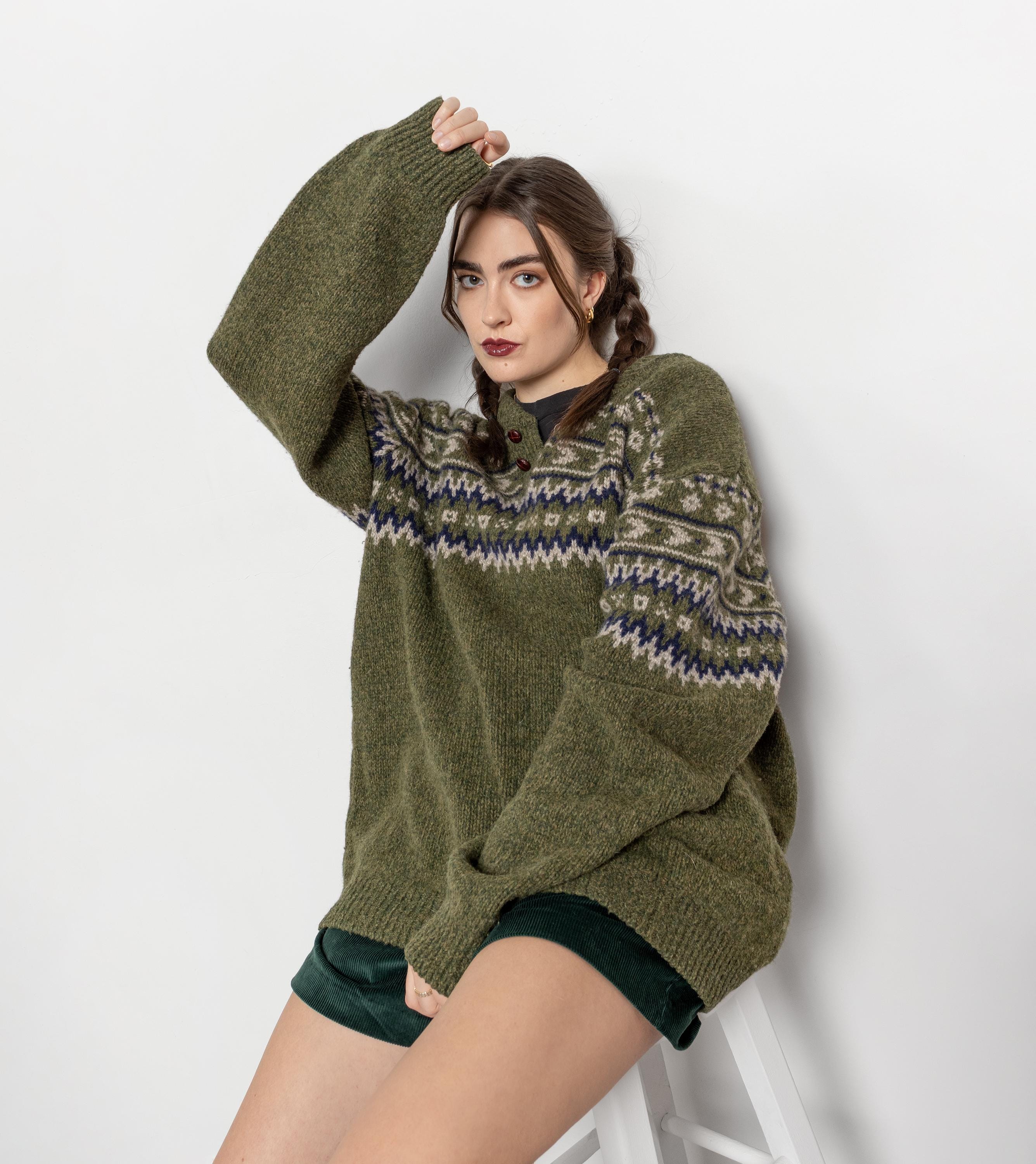 Pull Femme Vert Foncé Poignets Rayés en Laine Mérinos