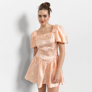 PINK PROM DRESS Jacquard Vintage 80's Off The Shoulder Midi Puffy Floral / Small