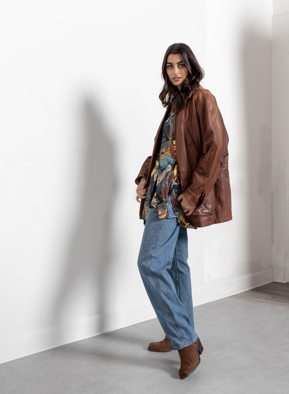TIMBERLAND LEATHER JACKET Faded Worn in Distressed Longline