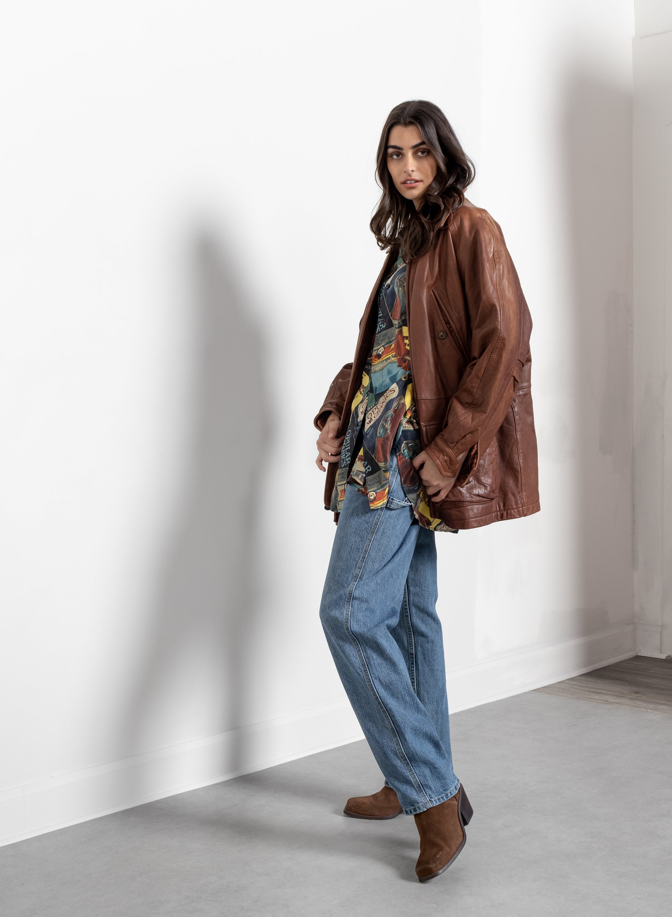 TIMBERLAND LEATHER JACKET Faded Worn in Distressed Longline