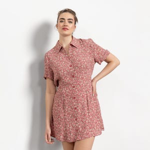 FLOWY FLORAL DRESS Vintage Pink Mini Short Sleeve Rayon Summer 90&#39;s / Medium