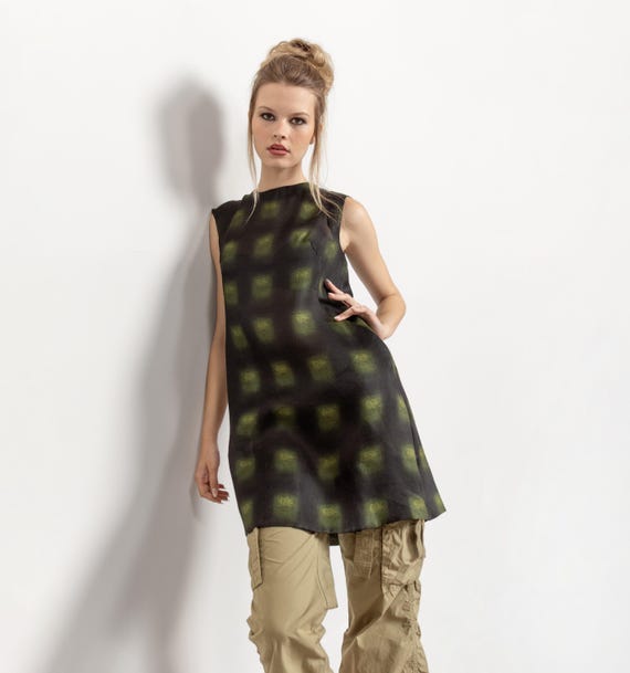 SILK WOOL MARNI Dress Vintage Sheer Woven Green Black Tunic Xs