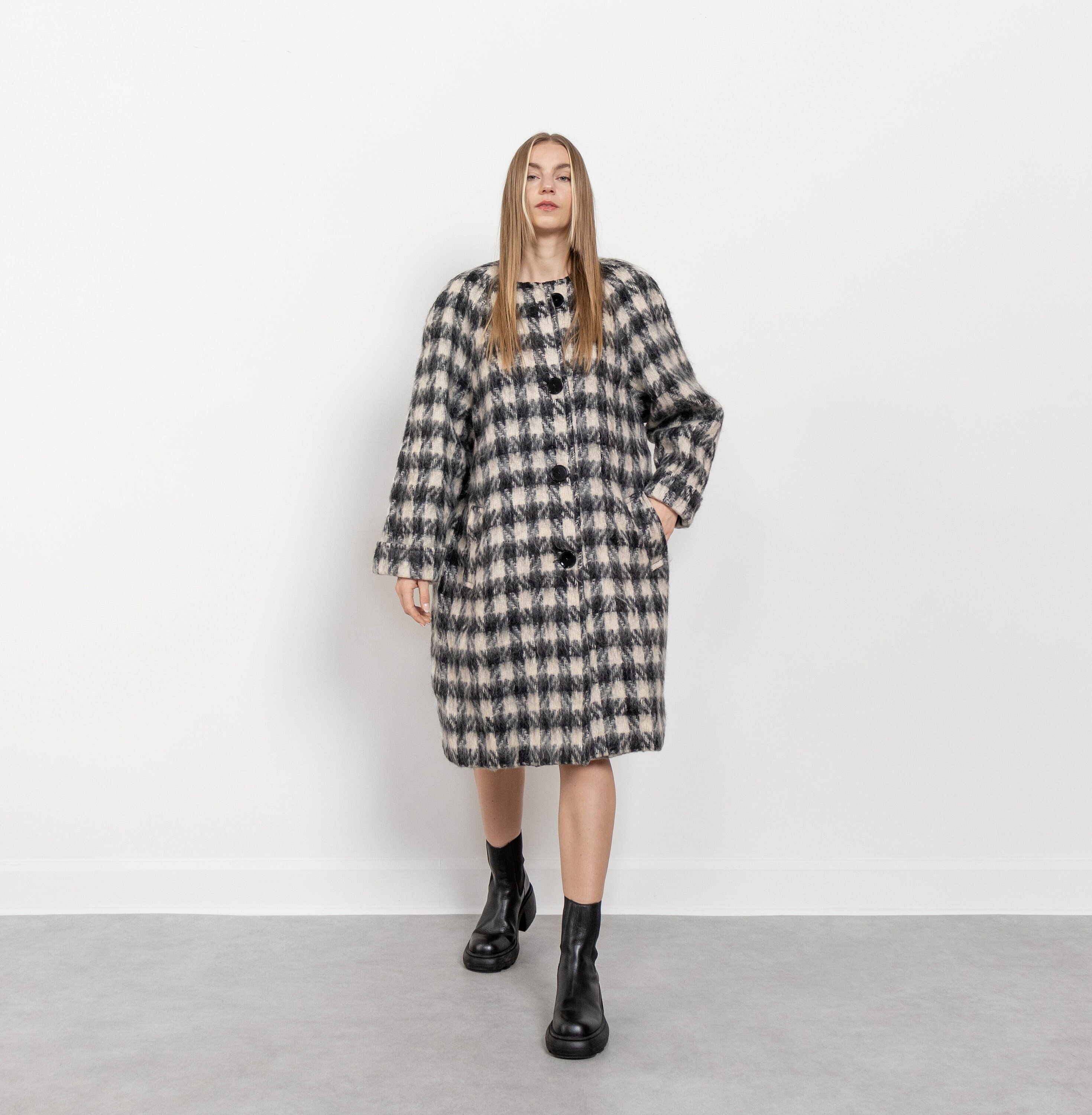 MOHAIR HOUNDSTOOTH COAT Vintage Black White Midi Trench Jacket