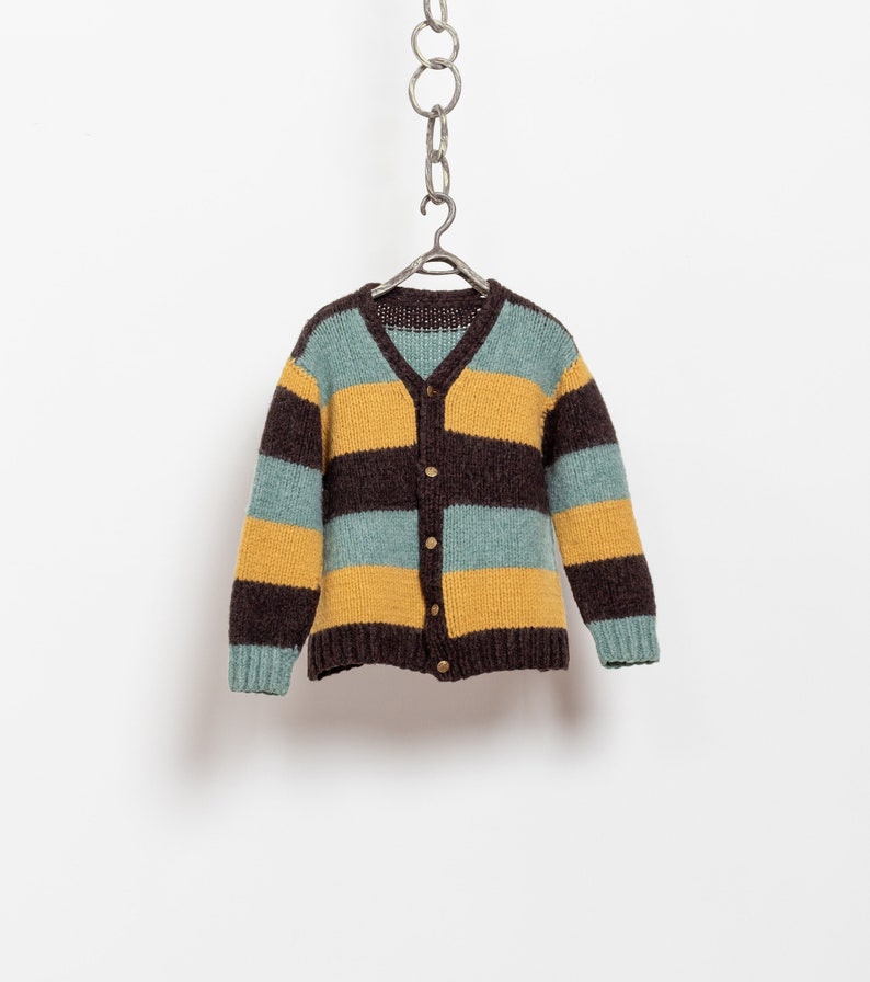 CHUNKY WOOL STRIPE Cardigan Cardi Sweater Jumper Mustard Mint Oversize Knitwear / Large Xl Extra Large image 1