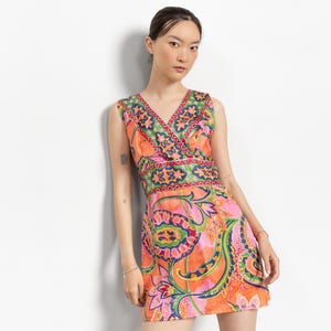 Vintage 70s Floral Mini Dress: Pink Orange Festival Shift, XS/Small