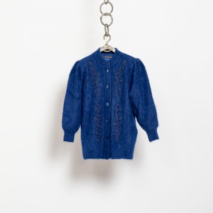BLUE ANGORA CARDIGAN Beaded Longline Vintage Jumper Wool Lined Embellished Cozy / Free Size image 8