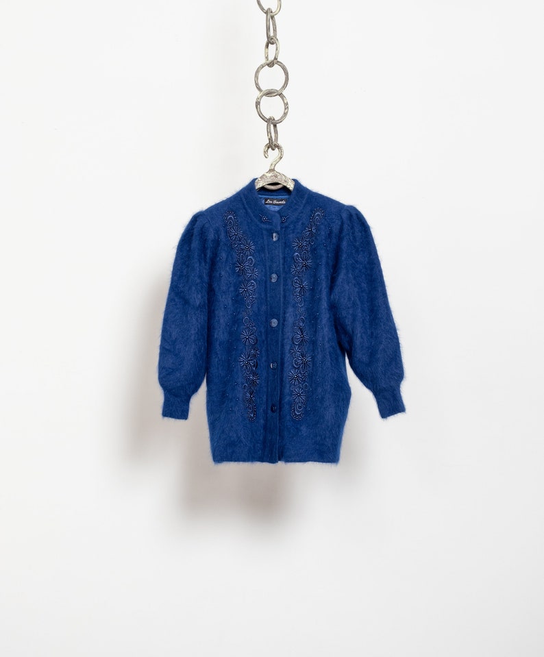 BLUE ANGORA CARDIGAN Beaded Longline Vintage Jumper Wool Lined Embellished Cozy / Free Size image 8