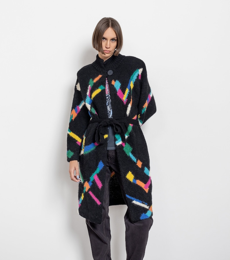 BLACK MOHAIR CARDIGAN Vintage Long Shirt Dress Knit Geometric Rainbow Sweater 90's / Medium image 1