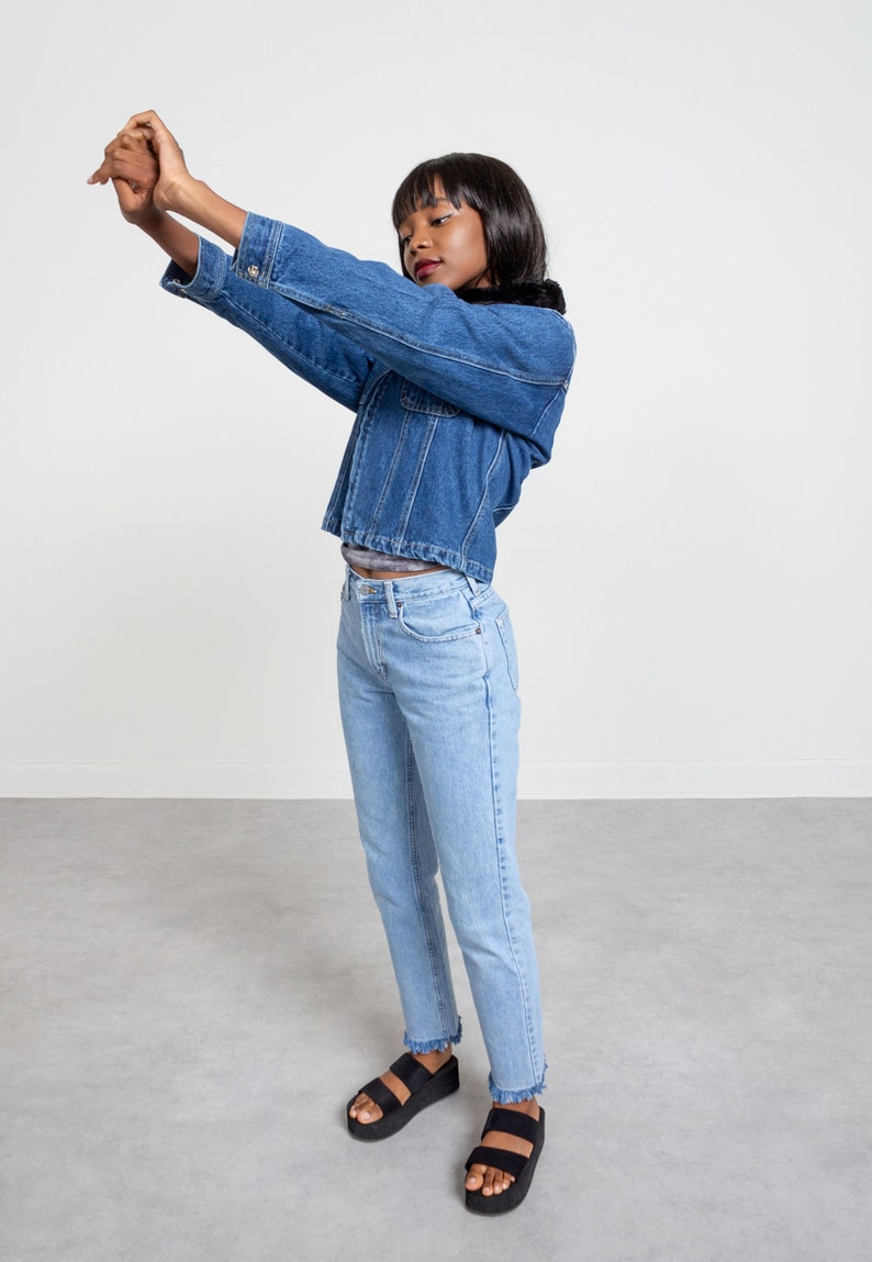 FUR COLLAR DENIM Jacket Vintage Faux Fur Cotton Medium Wash Blue Jean Zipper Cropped Woman 90/'s Small Extra Small