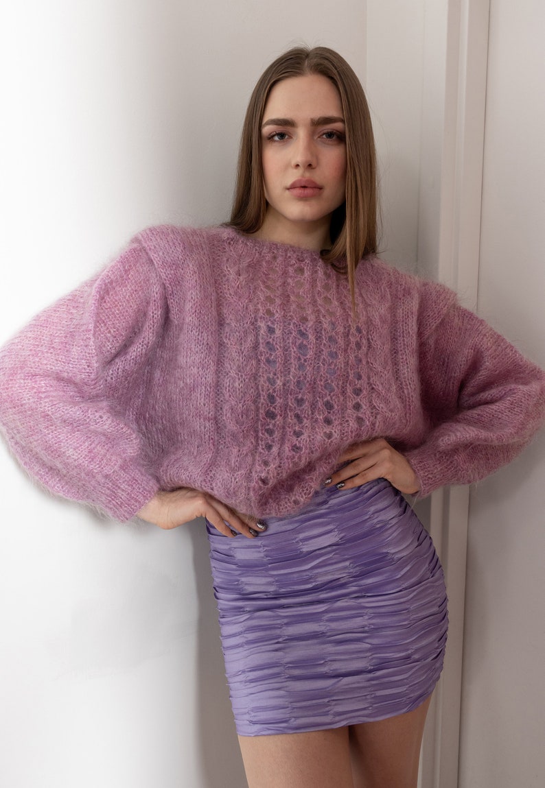 PINK FUZZY GRANNY Batwing Mohair Jumper Sweater Handmade Loose Weave Sheer Mauve / Medium image 2