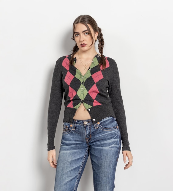 ARGYLE WOOL CARDIGAN Y2k 2000's Vintage Button Up Preppy / Medium