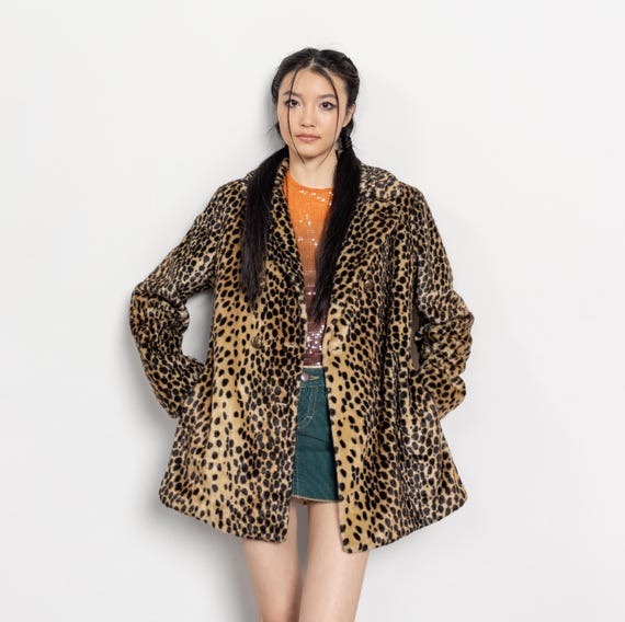 LEOPARD FAUX FUR Vintage Jacket Coat 90's Winter / Medium Small