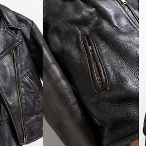 BLACK LEATHER MOTORCYCLE jacket vintage 90's menswear boxy cropped fit unisex / Medium Large image 3