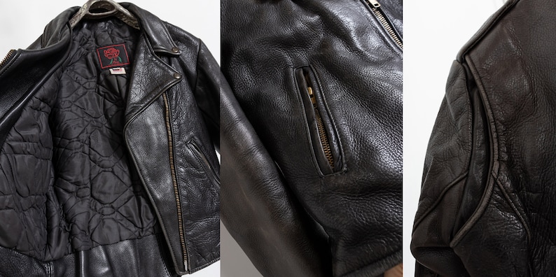 BLACK LEATHER MOTORCYCLE jacket vintage 90's menswear boxy cropped fit unisex / Medium Large image 3