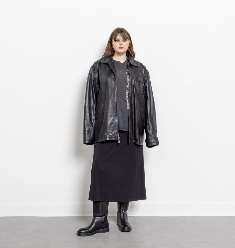 BLACK LEATHER JACKET Vintage Blazer Coat Menswear Woman 90's Oversize / Extra Large Xl image 7