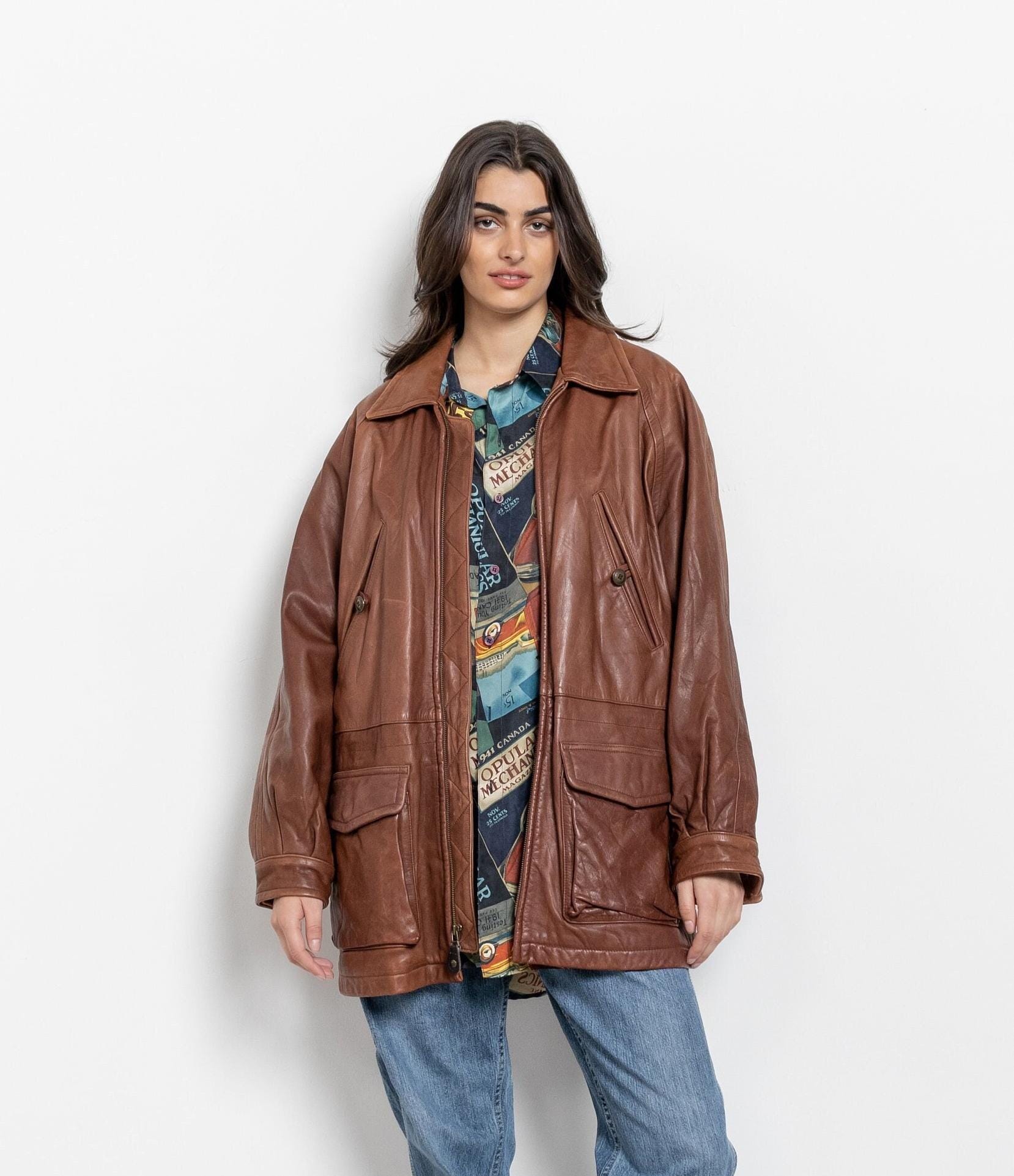 TIMBERLAND LEATHER JACKET Faded Worn in Distressed Longline