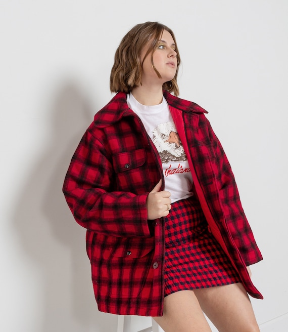 PLAID WOOLRICH COAT Vintage Wool Plaid Red Black H