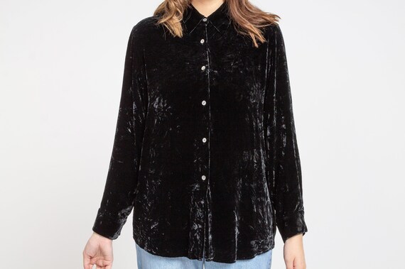 CRUSHED BLACK VELVET Vintage Shirt Blouse Rayon Si