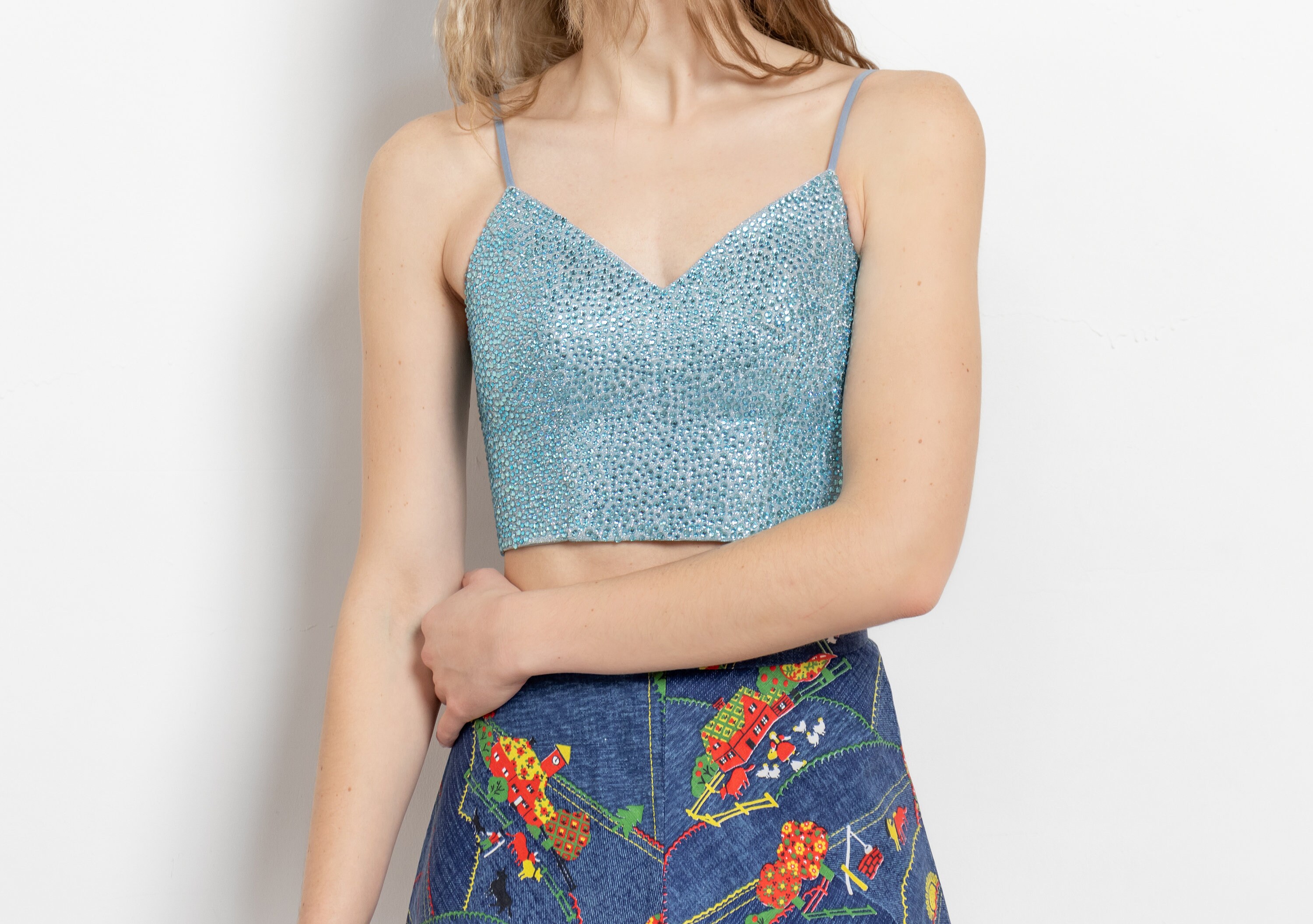 RHINESTONE CORSET TOP Vintage Blue Strapless Backless Blouse 90's Baby ...