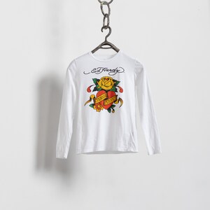 ED HARDY T-SHIRT Vintage White Long Sleeve Crew Neck Y2K Tattoo Sheer Cotton Small Fit image 2