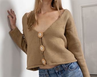 TAN CROPPED JUMPER Cardigan Sweater Cotton Low Cut Boxy Oversize Fall Winter / Medium