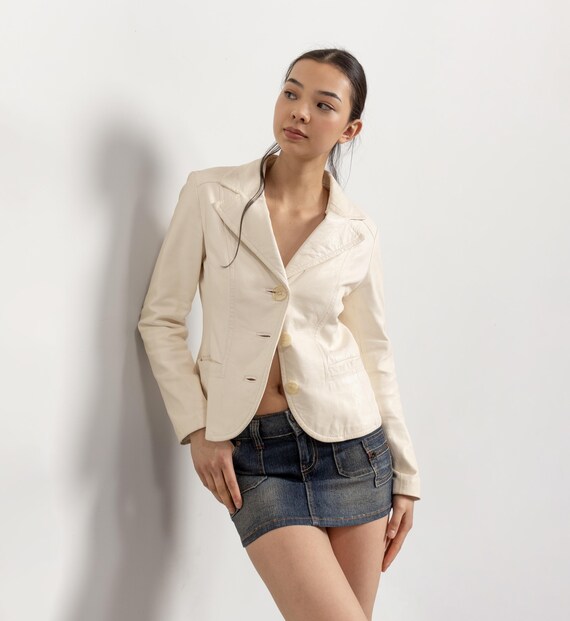 Cream Leather Blazer 2000s Y2K Vintage Soft Danier / Small Medium