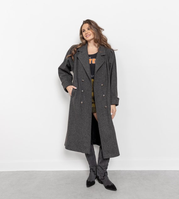 Vintage 90s Wool Trench Coat: Grey Double Breasted Oversized