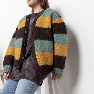 CHUNKY WOOL STRIPE Cardigan Cardi Sweater Jumper Mustard Mint Oversize Knitwear / Large Xl Extra Large image 6