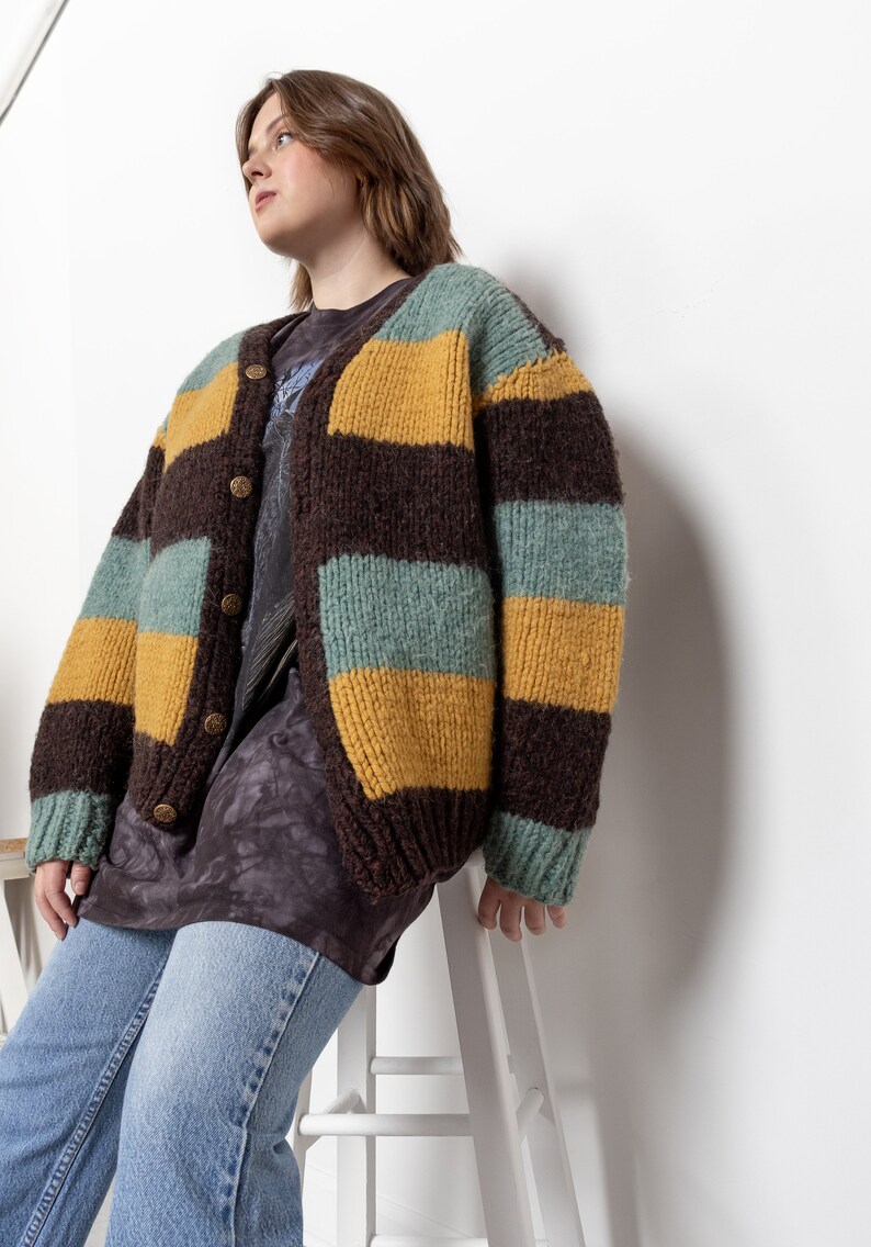 CHUNKY WOOL STRIPE Cardigan Cardi Sweater Jumper Mustard Mint Oversize Knitwear / Large Xl Extra Large image 6