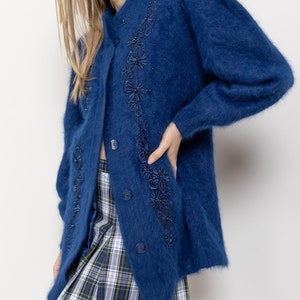 BLUE ANGORA CARDIGAN Beaded Longline Vintage Jumper Wool Lined Embellished Cozy / Free Size image 4