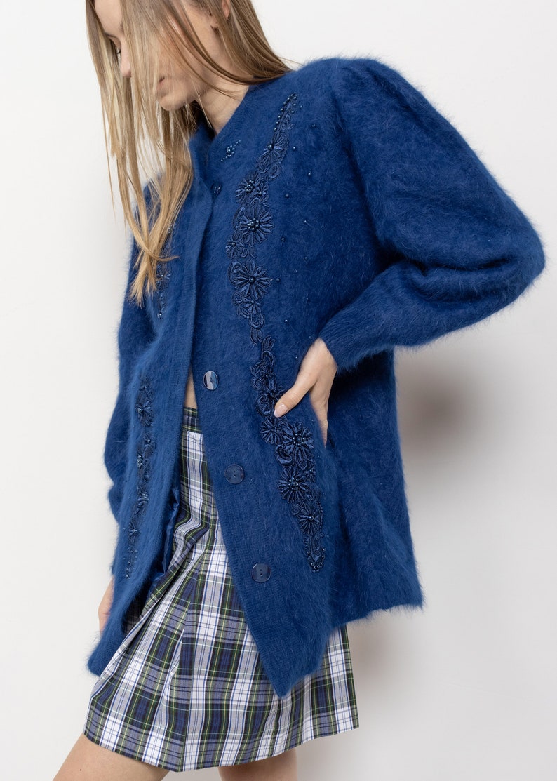 BLUE ANGORA CARDIGAN Beaded Longline Vintage Jumper Wool Lined Embellished Cozy / Free Size image 4