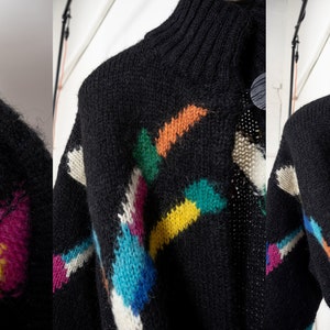 BLACK MOHAIR CARDIGAN Vintage Long Shirt Dress Knit Geometric Rainbow Sweater 90's / Medium image 10