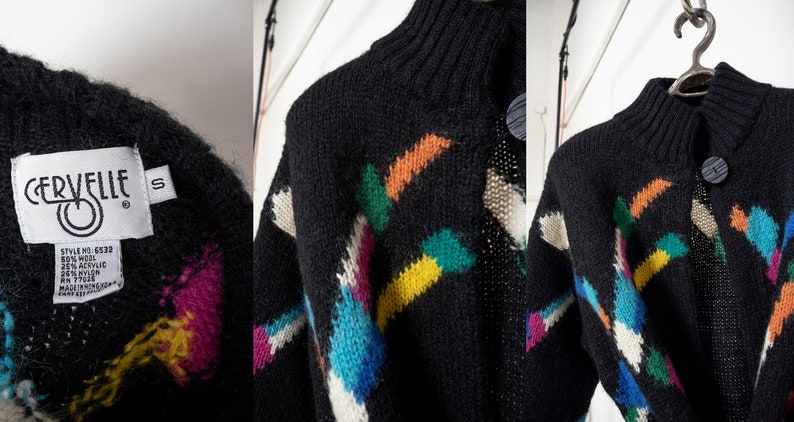 BLACK MOHAIR CARDIGAN Vintage Long Shirt Dress Knit Geometric Rainbow Sweater 90's / Medium image 10