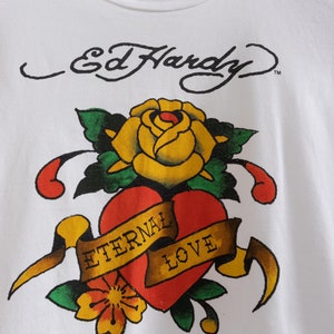 ED HARDY T-SHIRT Vintage White Long Sleeve Crew Neck Y2K Tattoo Sheer Cotton Small Fit image 7