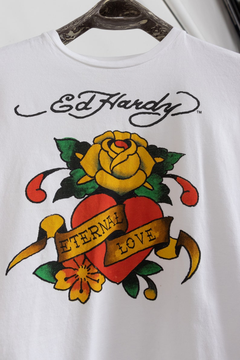 ED HARDY T-SHIRT Vintage White Long Sleeve Crew Neck Y2K Tattoo Sheer Cotton Small Fit image 7