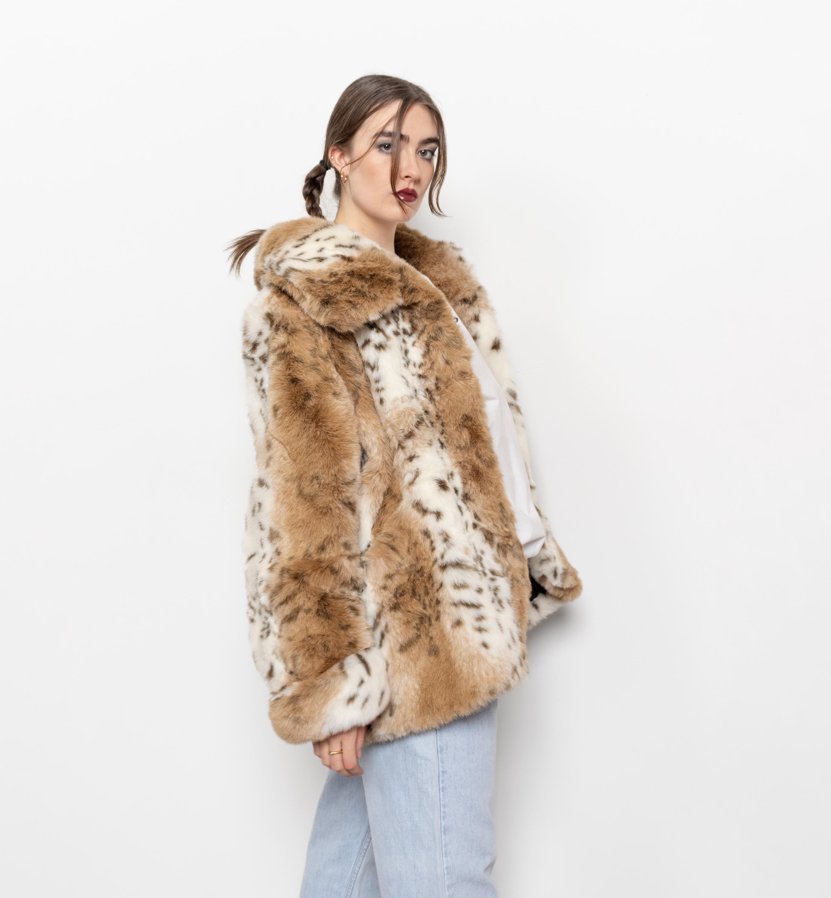 FAUX FUR COAT Vintage Leopard Animal Print Midi Jacket Vegan