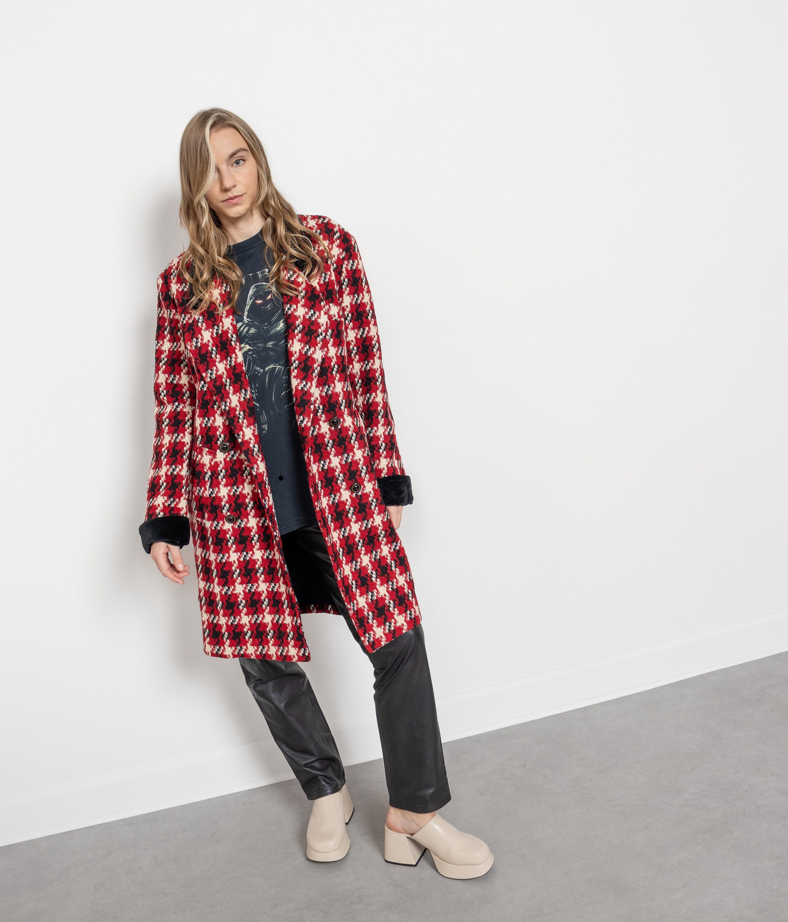 Vintage Houndstooth Wool Jacket, Velvet Collar Cuffs, Made in USA